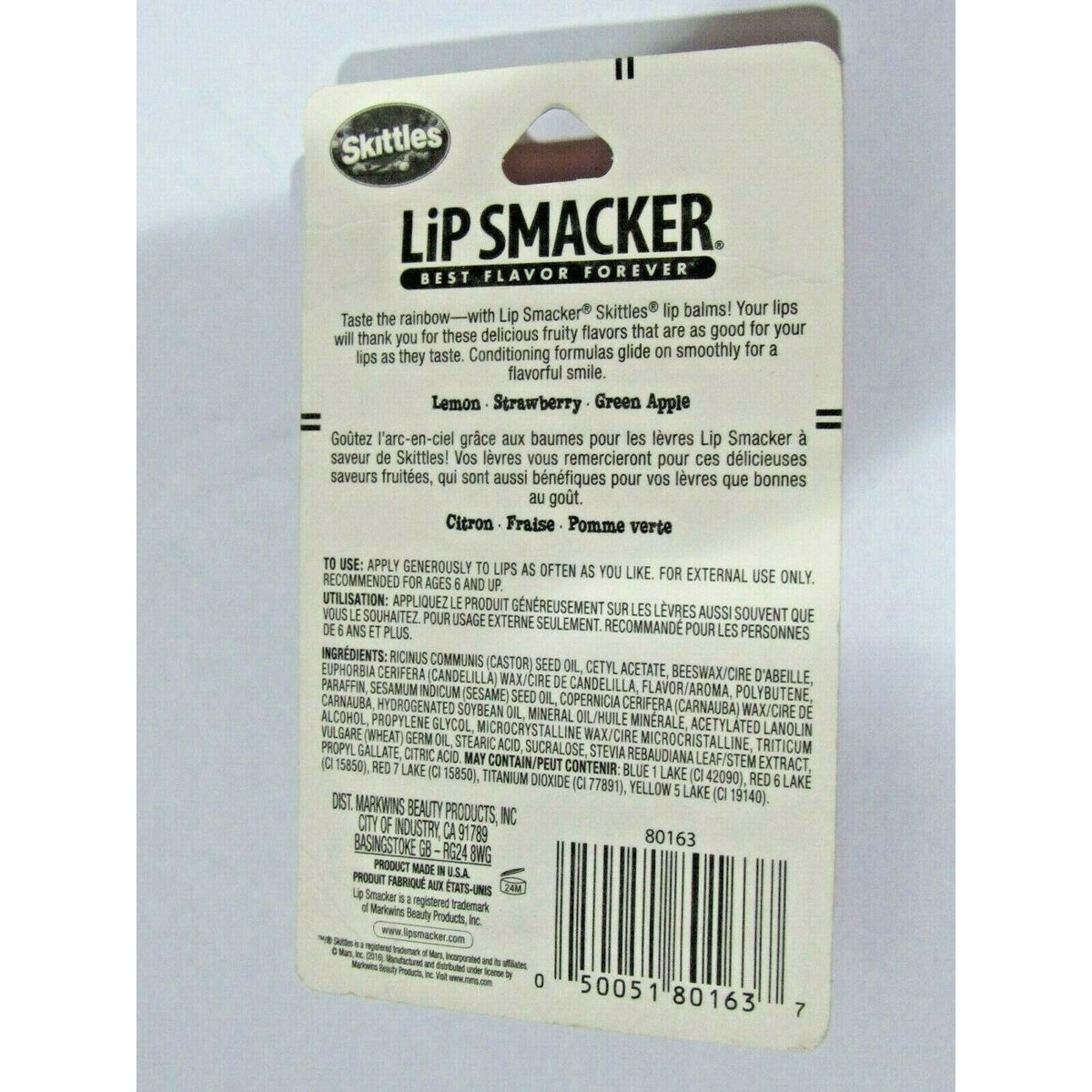 Lip Smacker Skittles Lip Balm 3 Pack Lemon Strawberry Green Apple net wt .42oz