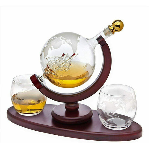 Whiskey Decanter Globe w/Ship Set with 2 Etched Globe Whisky Glasses 850ml